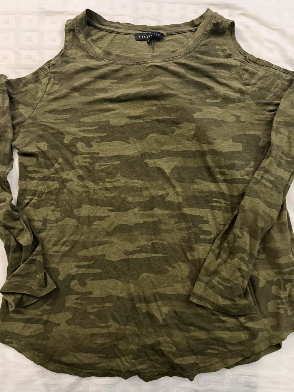 Sanctuary Olive Camo Cold-Shoulder Top